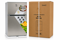 EMIRATE 86L double door fridge freezer (model BCD-86) shown next to its retail packaging box, stainless steel finish.