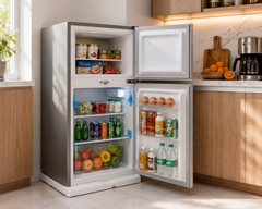 A stainless steel top-freezer refrigerator stands open in a bright kitchen, stocked with food and beverages. The left door is open to show the main compartment shelves and door bins filled with bottles, eggs, and groceries.