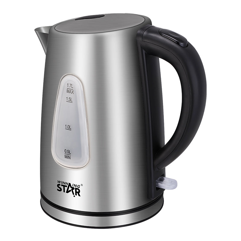 Stainless steel WINNINGSTAR electric kettle, 1.7L, with black handle and clear water level window