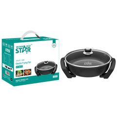 Winning Star electric frying pan in black with a clear glass lid, shown next to its teal and white retail packaging box on a white background.