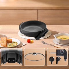 Black nonstick electric skillet shown on a wooden table with a plate of food, a bowl of soup, a fork, and three inset detail views showing the base, lid, and power cord.