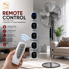 A floor-standing electric fan with a remote control, shown in a living room setting with a hand holding the remote. The graphic includes feature callouts such as remote control, 3 speed settings, timer function, oscillation, LED display, and multiple modes.