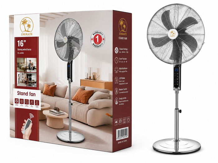 A 16-inch stand fan shown next to its retail packaging box. The fan has a chrome silver stand, black blades, and a black control panel.