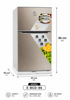 A top-freezer refrigerator shown on a white background with dimension labels indicating 86 cm height, 45 cm width, and 45 cm depth, plus model and capacity details below.