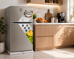 A stainless steel top-freezer refrigerator stands in a modern kitchen next to wooden cabinets, with food magnets displayed on the front doors.