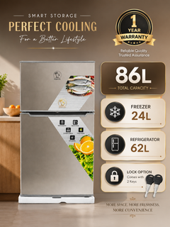 A stainless steel top-freezer refrigerator shown in a kitchen-like setting with promotional text on the right. The ad highlights 86L total capacity, a 24L freezer compartment, a 62L refrigerator compartment, and a 1-year warranty badge.